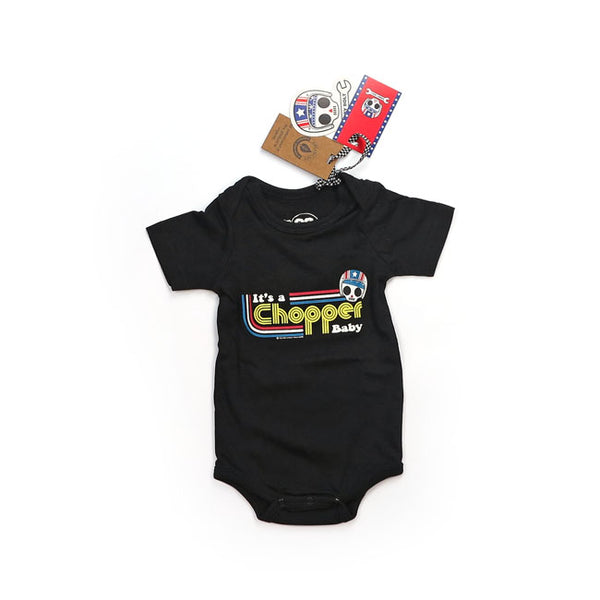 BOBBY BOLT. IT'S A CHOPPER BABY BODYSUIT. BLACK