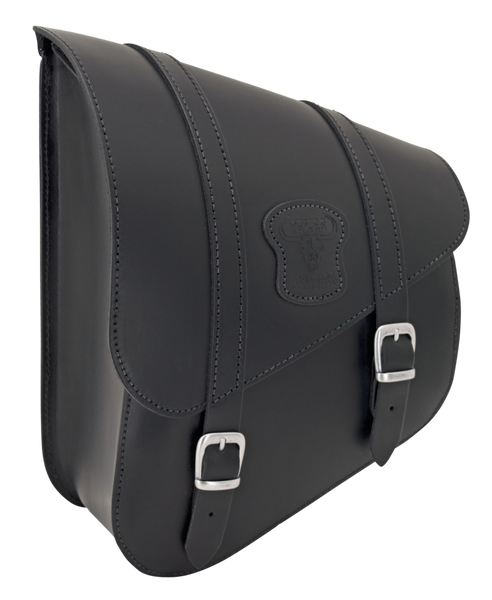 TEXAS LEATHER SOFTAIL SWING ARM BAG. Black leather with matte buckles.