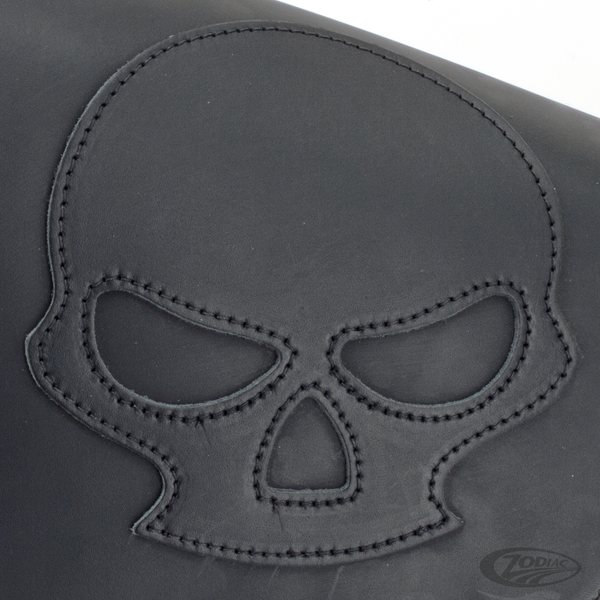 TEXAS LEATHER SOFTAIL SWING ARM BAG. Black leather with skull.